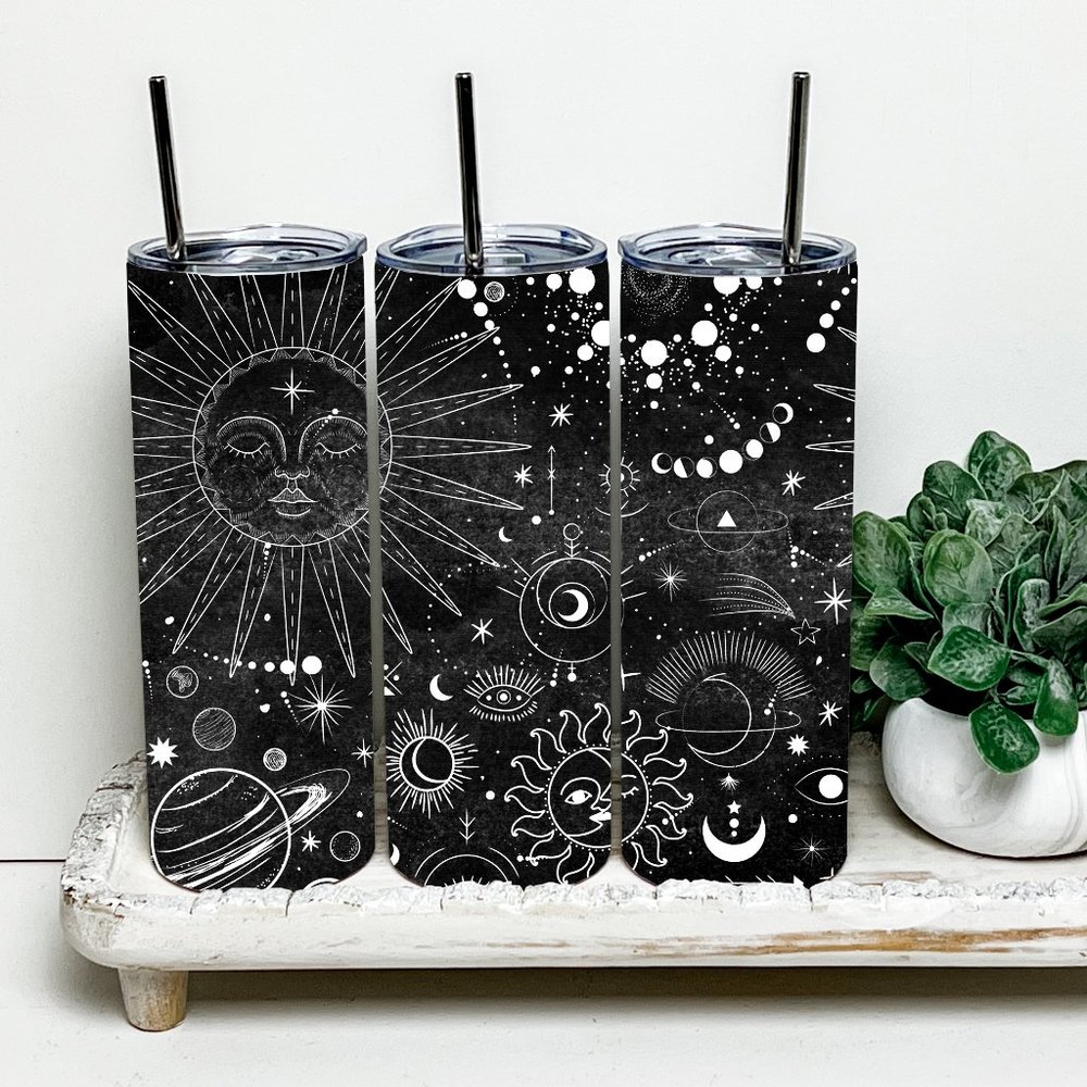 Celestial Moon and Planets 20oz Tumbler With Metal Straw